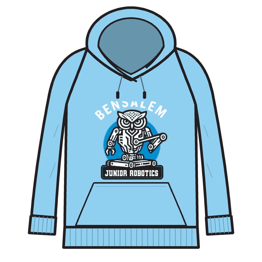 Light Blue pullover hoodie with the Bensalem Junior Robotics owl bot printed on the front