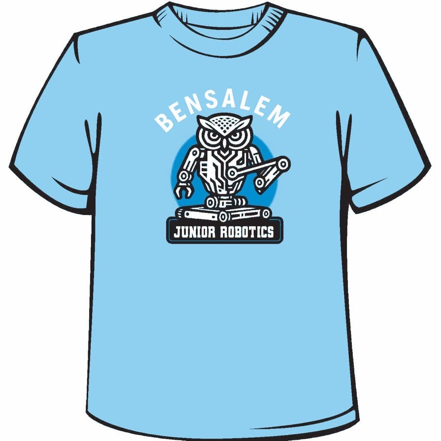 Light Blue t-shirt with the Bensalem Junior Robotics owl bot printed on the front